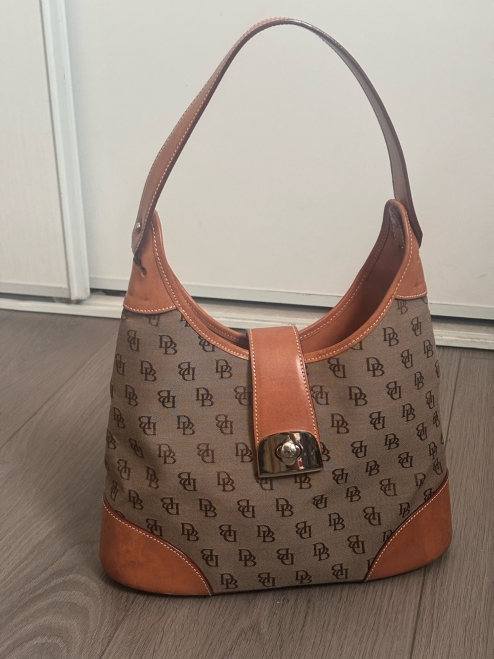 Dooney & Bourke Brown Monogram Canvas Shoulder Bag with Tan Leather Trim